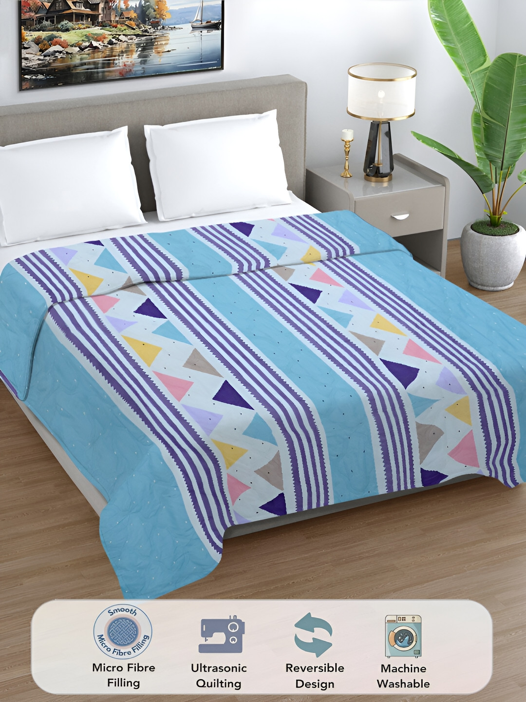 

FABINALIV Multicolor Geometric Quilted Reversible 350 GSM AC Room Double Bed Comforter, Blue