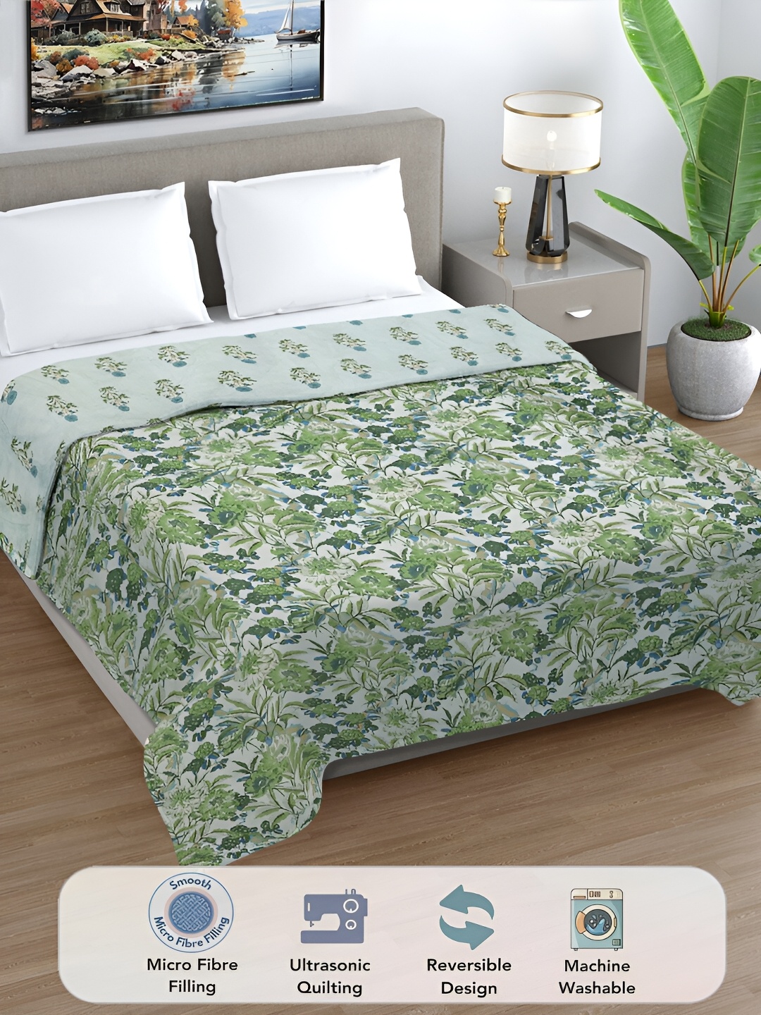 

FABINALIV Green Floral Ultrasonic Quilted Reversible 350 GSM AC Room Double Bed Comforter