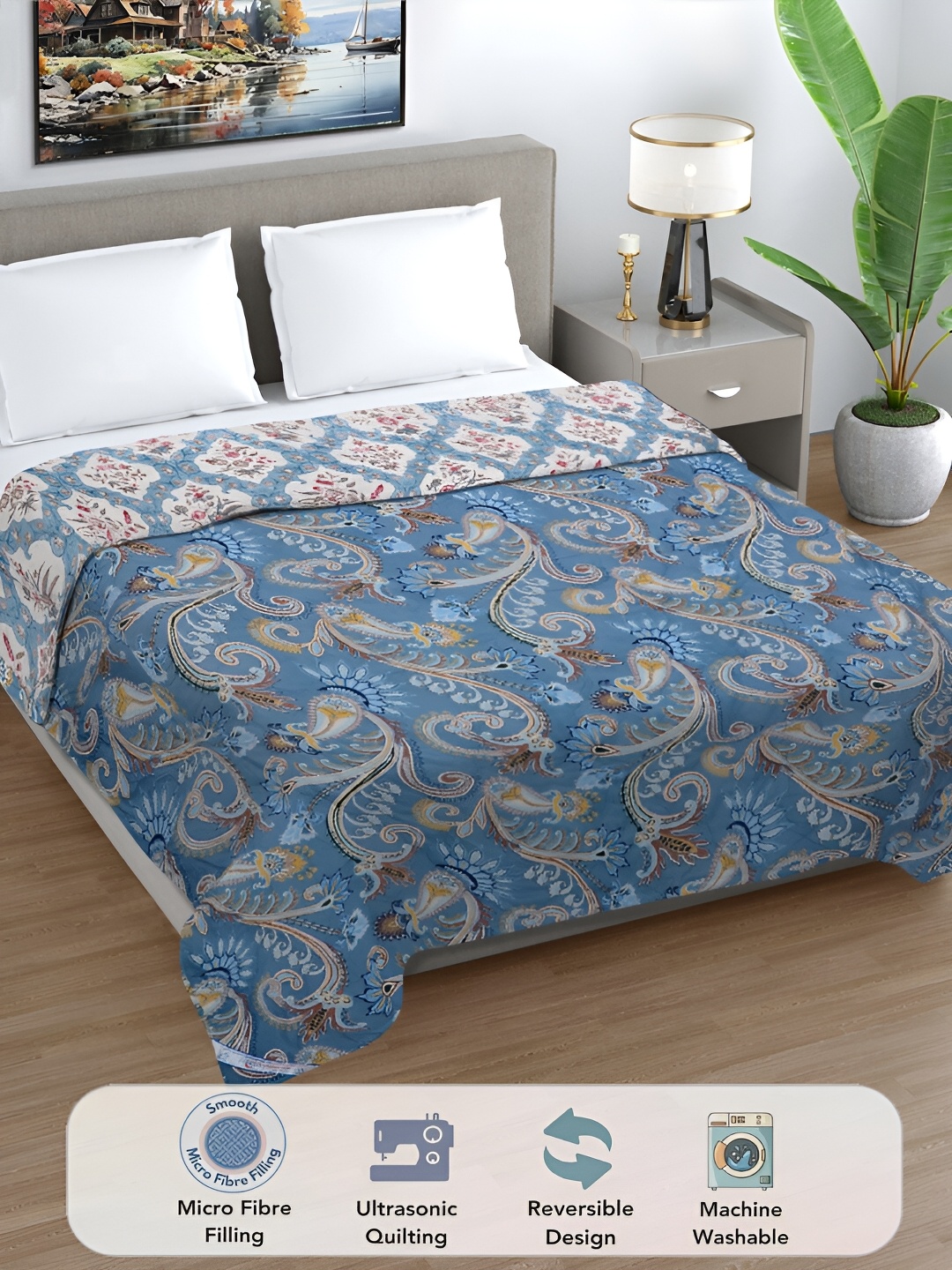 

FABINALIV Multicolor Floral Quilted Reversible 350 GSM AC Room Double Bed Comforter, Blue