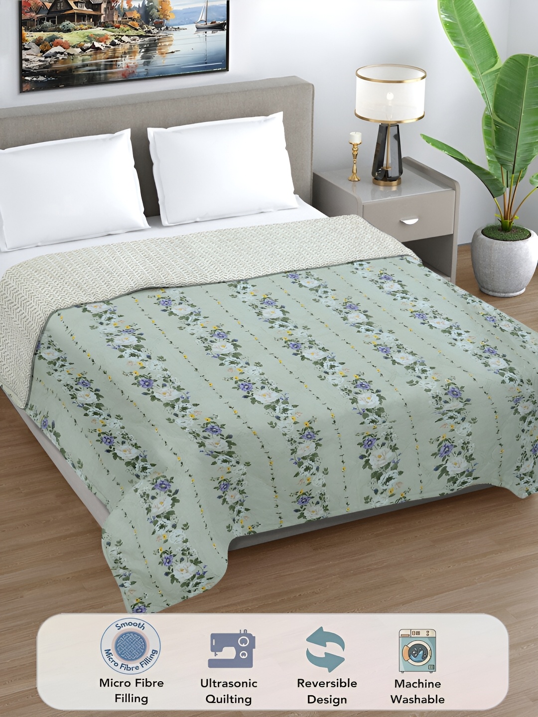 

FABINALIV Green Floral Ultrasonic Quilted Reversible 350 GSM AC Room Double Bed Comforter