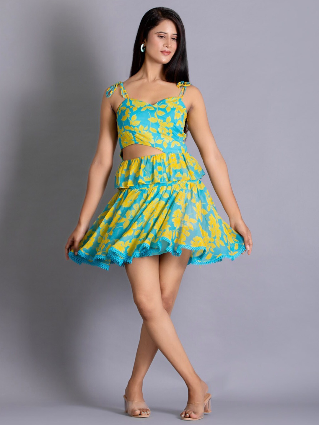 

Bee Boe Floral Printed Chiffon Fit & Flare Mini Dress, Turquoise blue