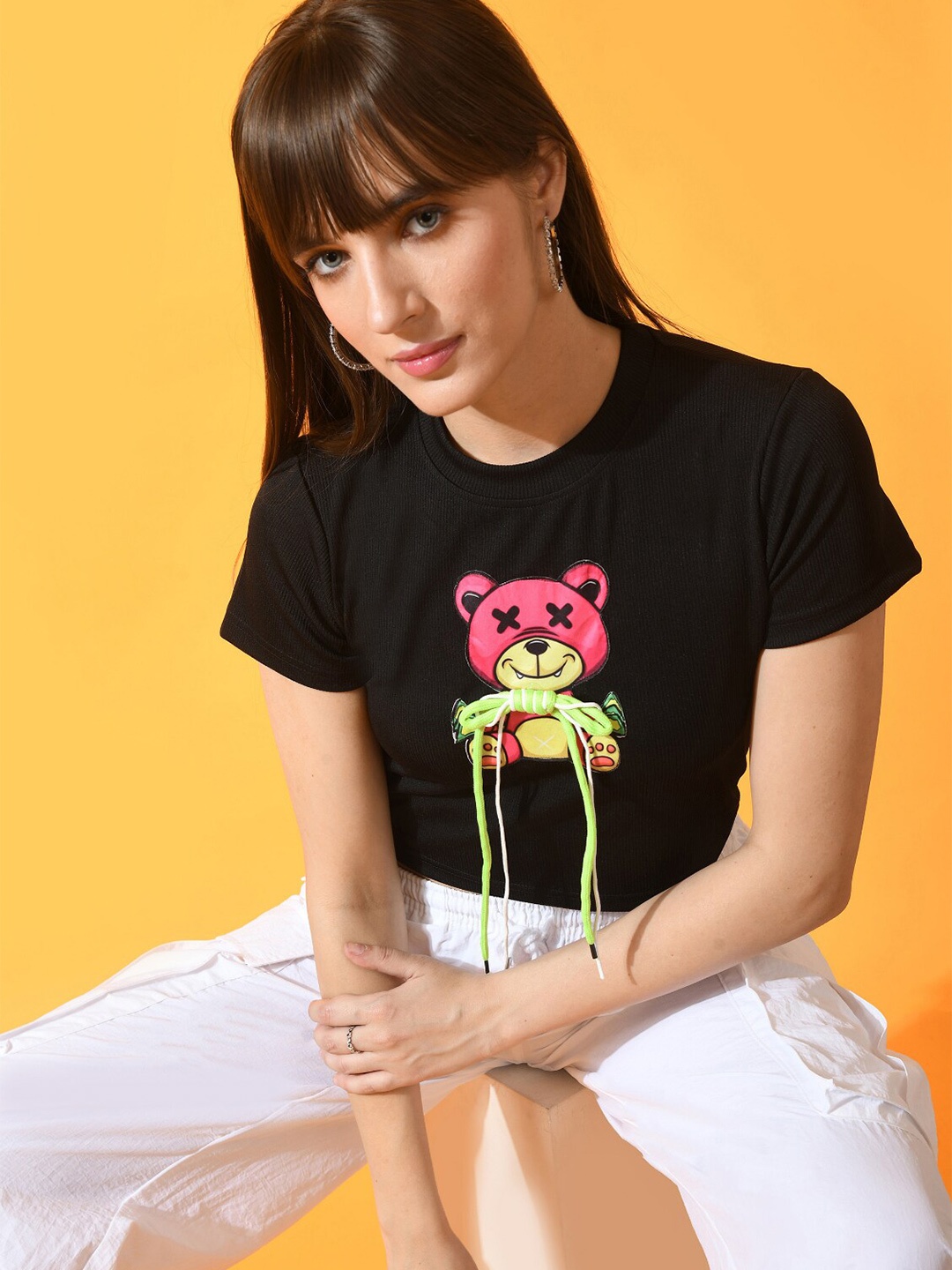 

BAESD Graphic Printed Cotton Round Neck Short Sleeves Slim Fit Crop T-shirt, Black