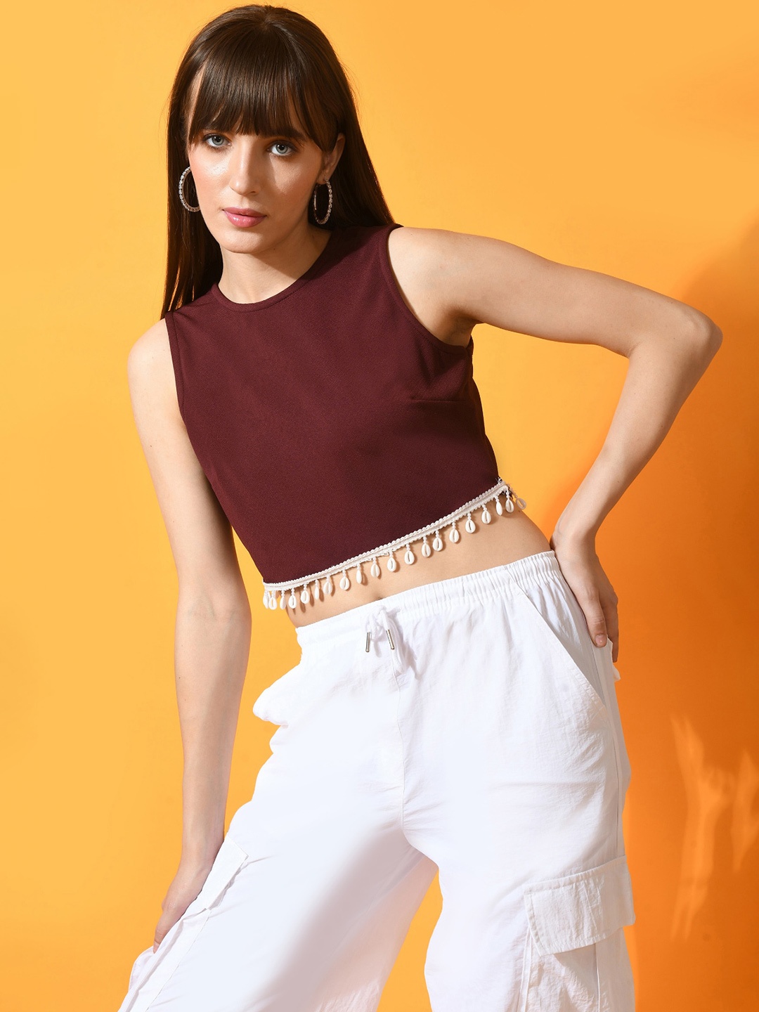 

BAESD Cotton Round Neck Sleeveless Fitted Crop Top, Maroon