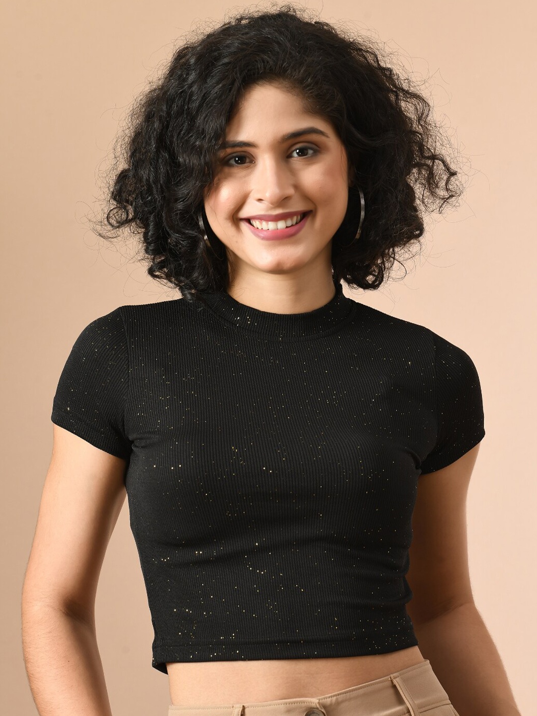 

BAESD Cotton Round Neck Short Sleeves Fitted Casual Crop Top, Black