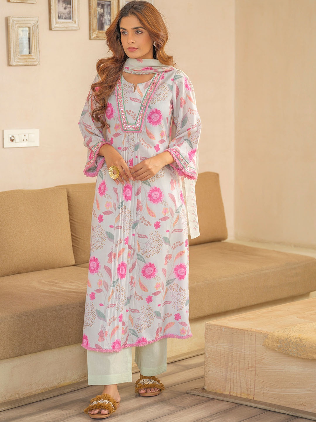 

Sangria Floral Printed Pleated A-Line Kurta With Palazzos & Dupatta, Off white