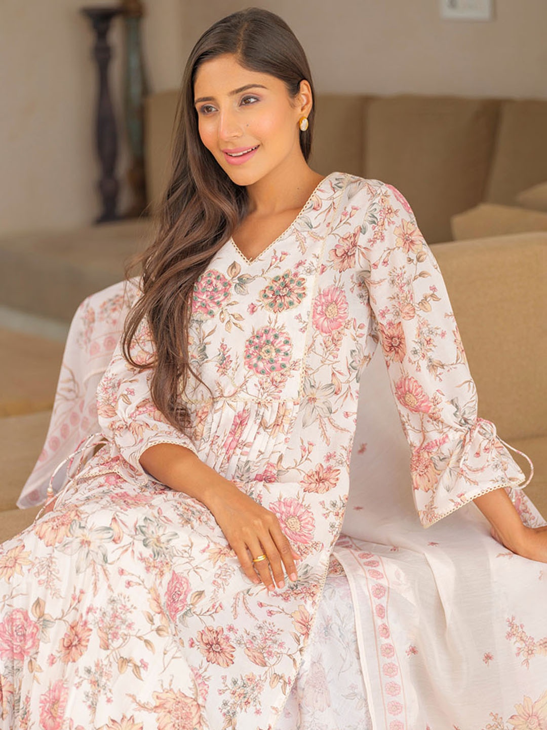 

Sangria Floral Printed V Neck Pleated A-Line Kurta With Trousers & Dupatta, Off white