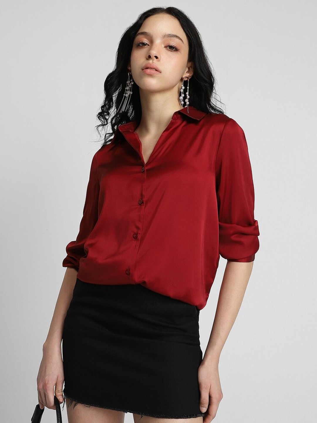 

FOREVER 21 Spread Collar Casual Shirt, Red