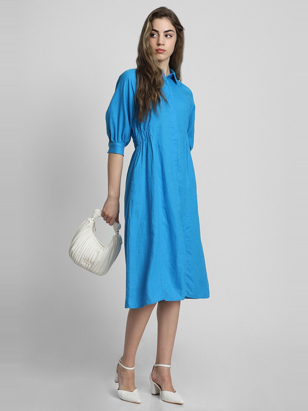

FOREVER 21 Blue Puff Sleeve A-Line Midi Dress