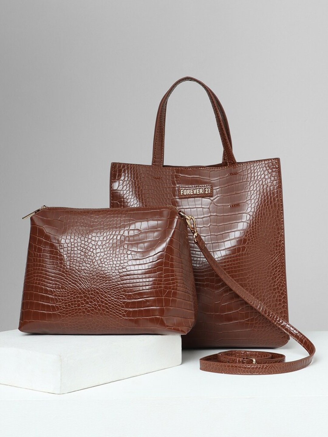 

FOREVER 21 Brown Textured Shopper Tote Bag