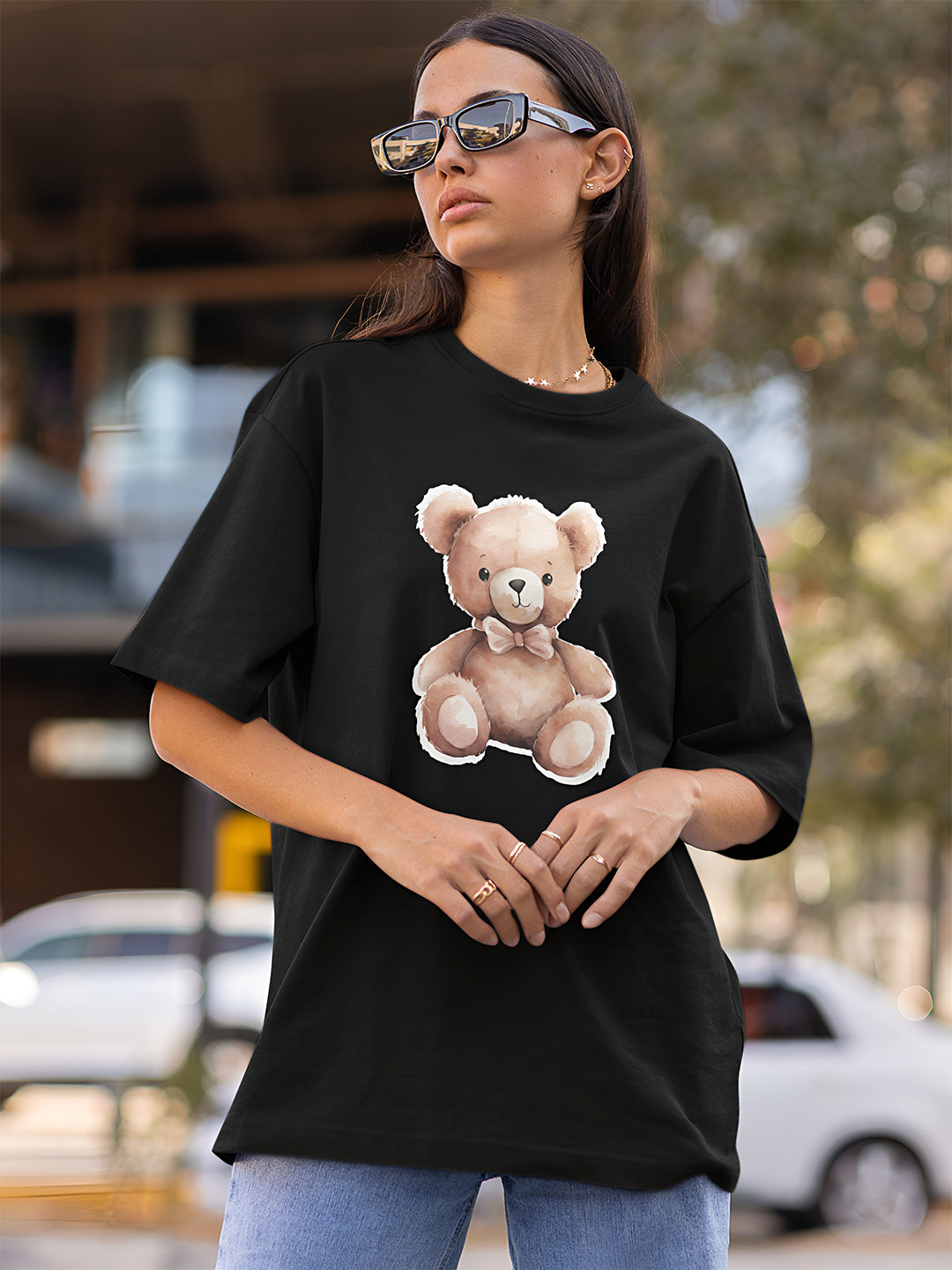 

Beetein Lamhein Graphic Printed Cotton Drop-Shoulder Sleeves Bio Finish Oversized T-shirt, Black
