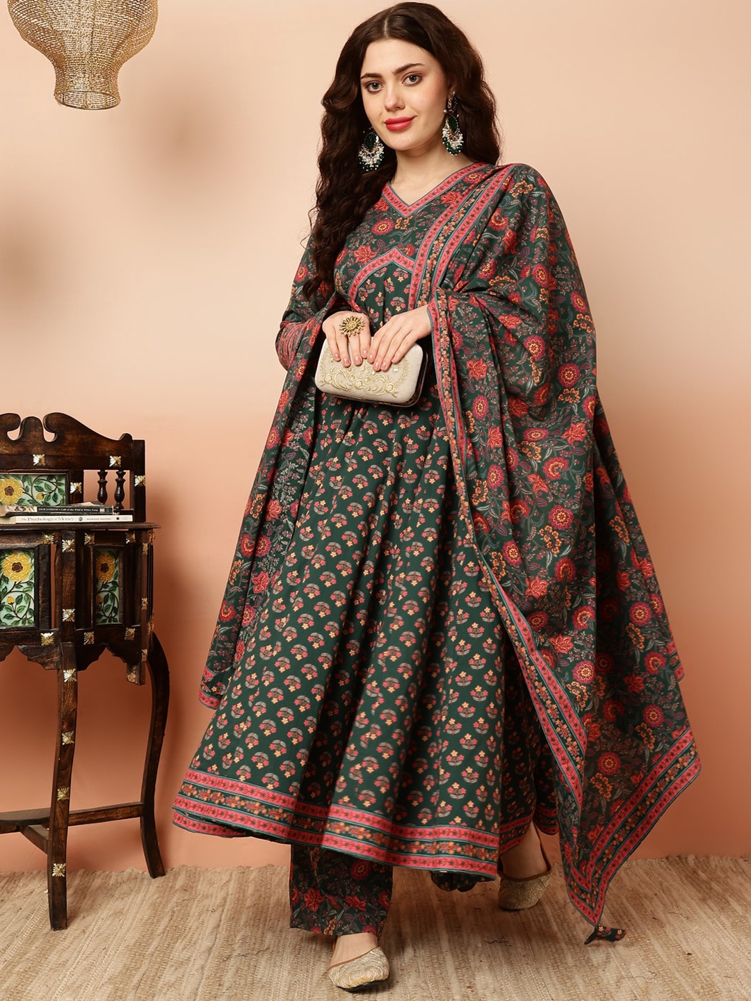 

KIMAYRA Floral Printed Empire Pure Cotton Kurta with Palazzos & Dupatta, Green