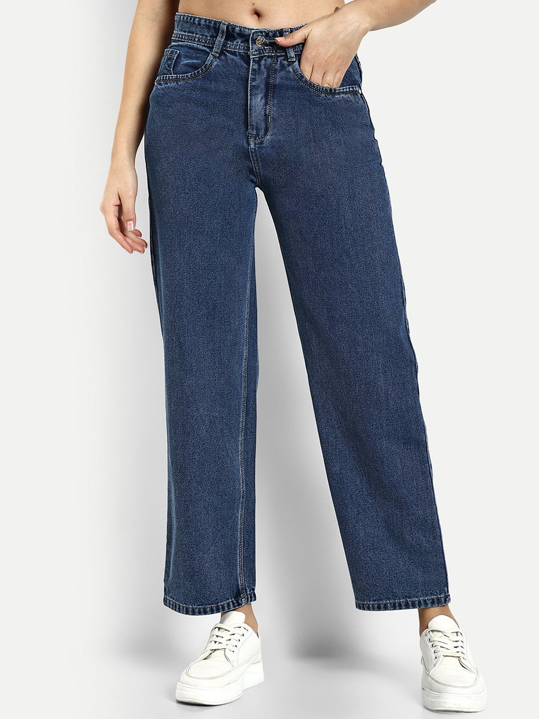 

Next One Women Smart Straight Fit High-Rise Clean Look Cotton Jeans, Blue