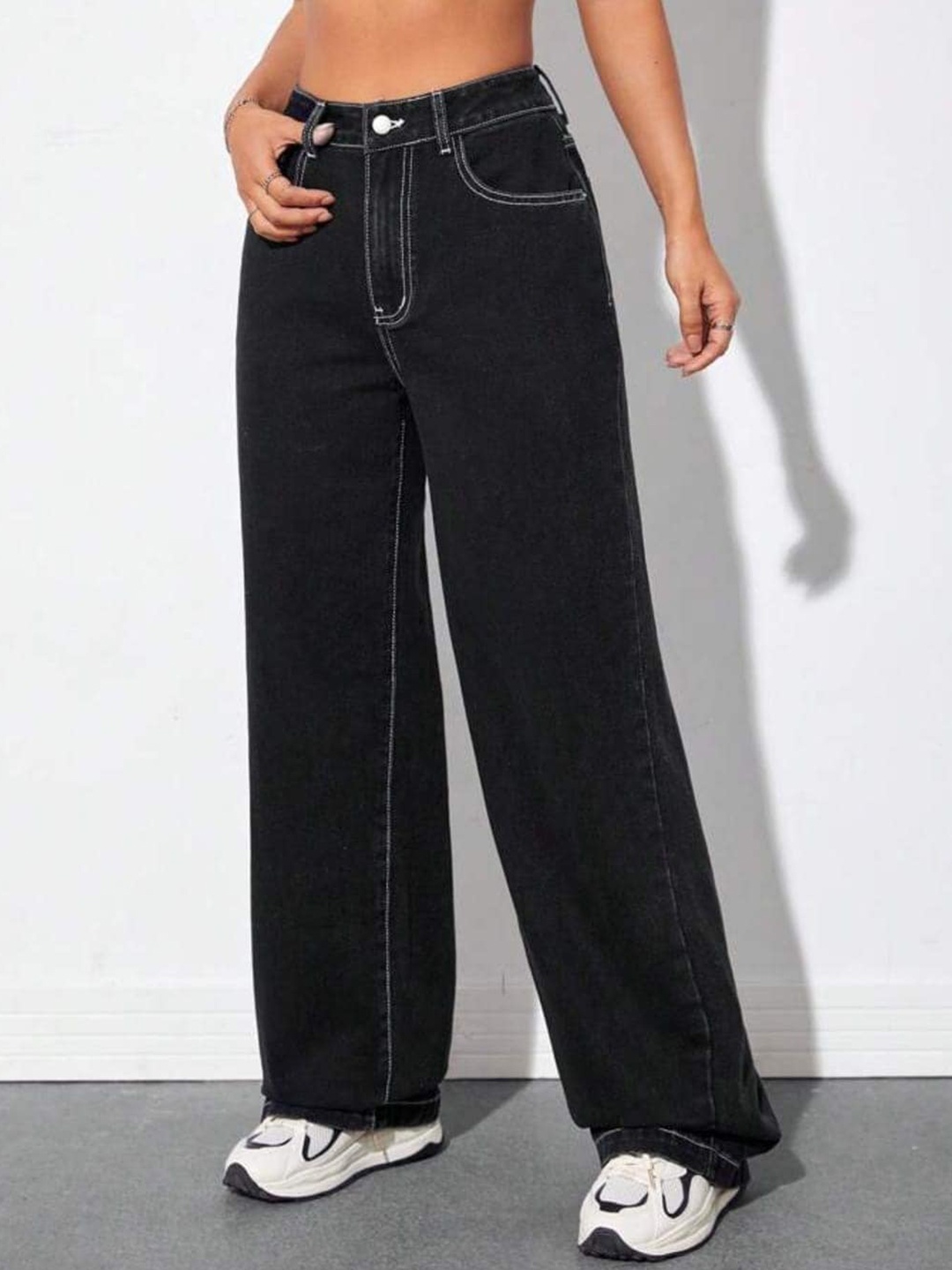 

Next One Women Smart Straight Fit Clean Look High-Rise Cotton Jeans, Black