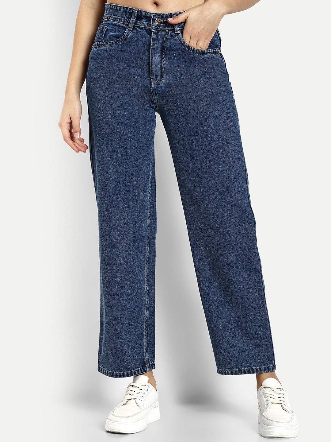 

Next One Women Smart Straight Fit High-Rise Clean Look Cotton Jeans, Blue