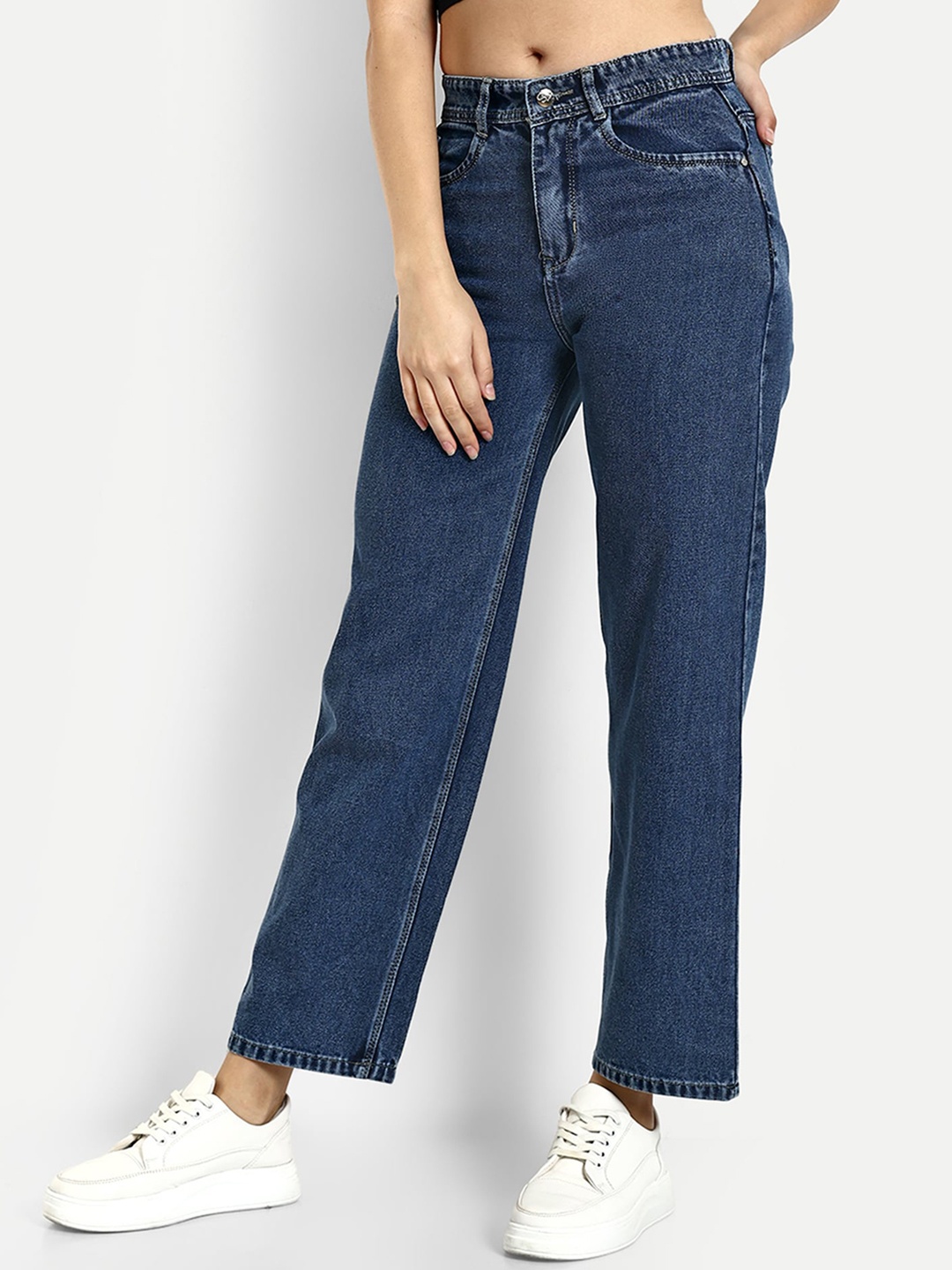 

Next One Women Smart Straight Fit High-Rise Clean Look Cotton Jeans, Blue
