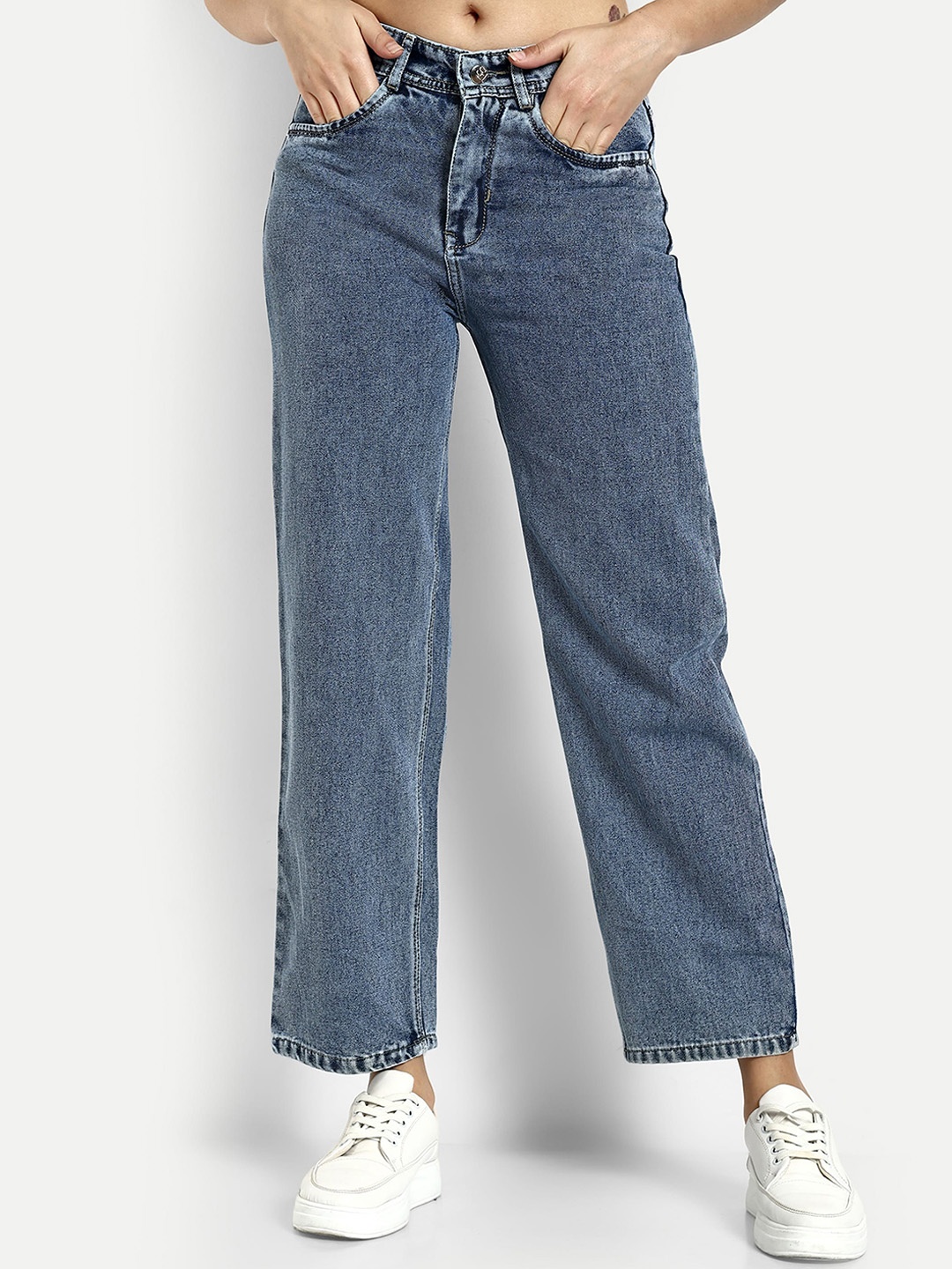 

Next One Women Smart Straight Fit High-Rise Clean Look Cotton Jeans, Blue