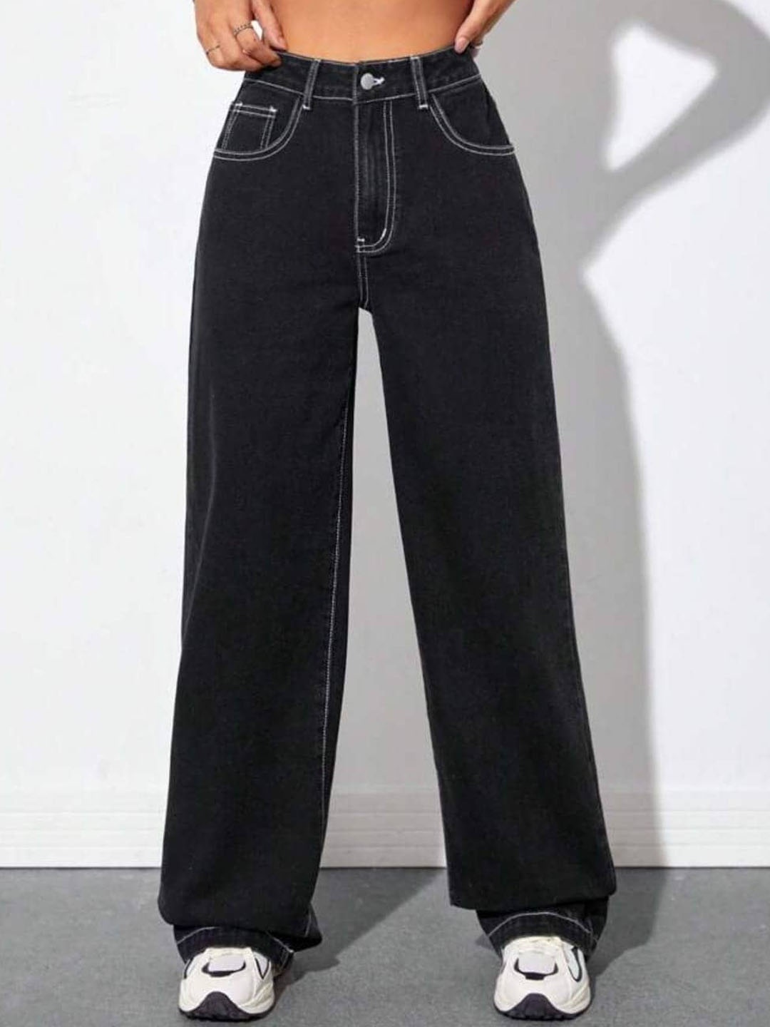 

Next One Women Smart Straight Fit High-Rise Clean Look Cotton Jeans, Black