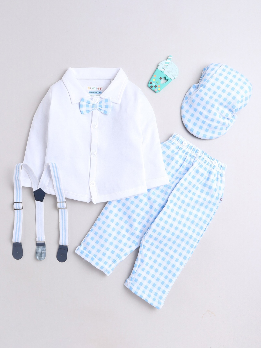 

BUMZEE Boys Full Sleeves Shirt & Pant Set With Suspender & Cap, White