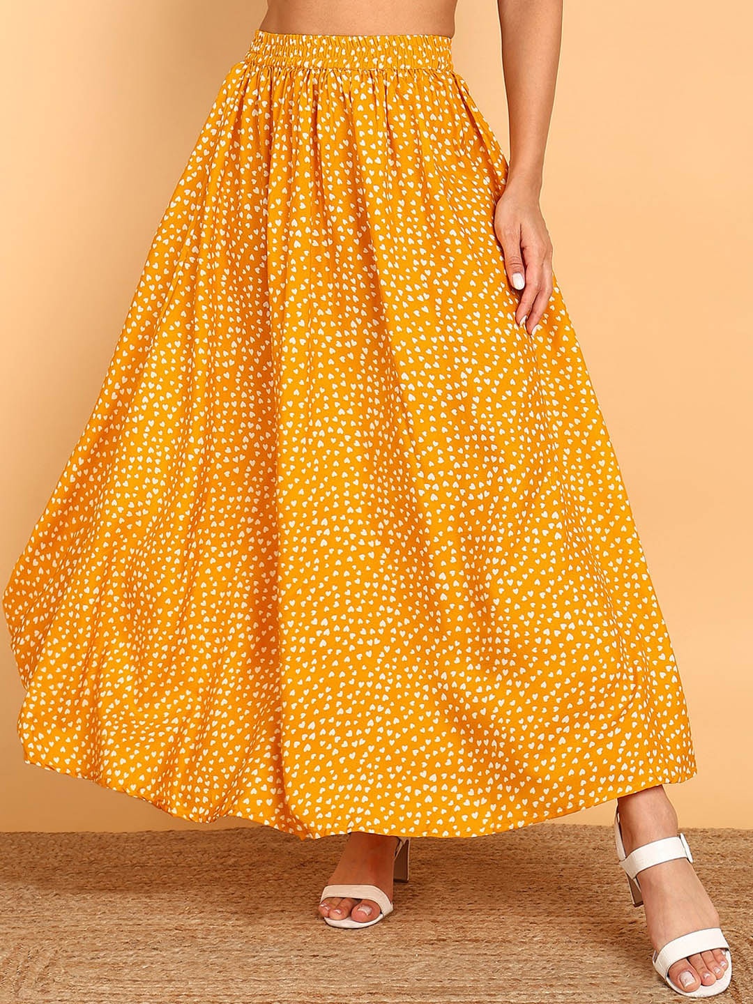 

VAHSON Floral Printed Flared Crepe Maxi Skirt, Mustard