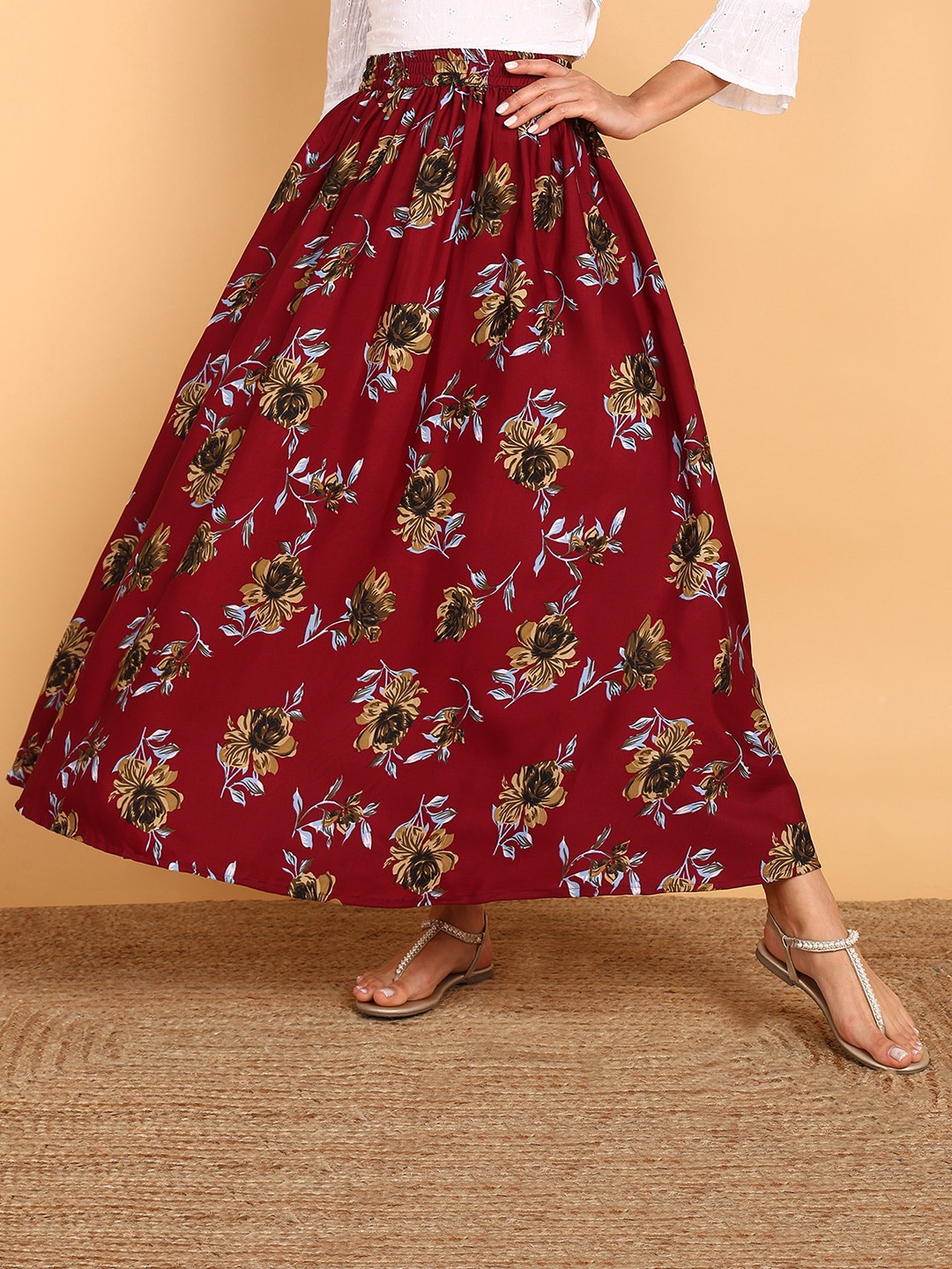 

VAHSON Floral Printed Flared Crepe Maxi Skirt, Maroon
