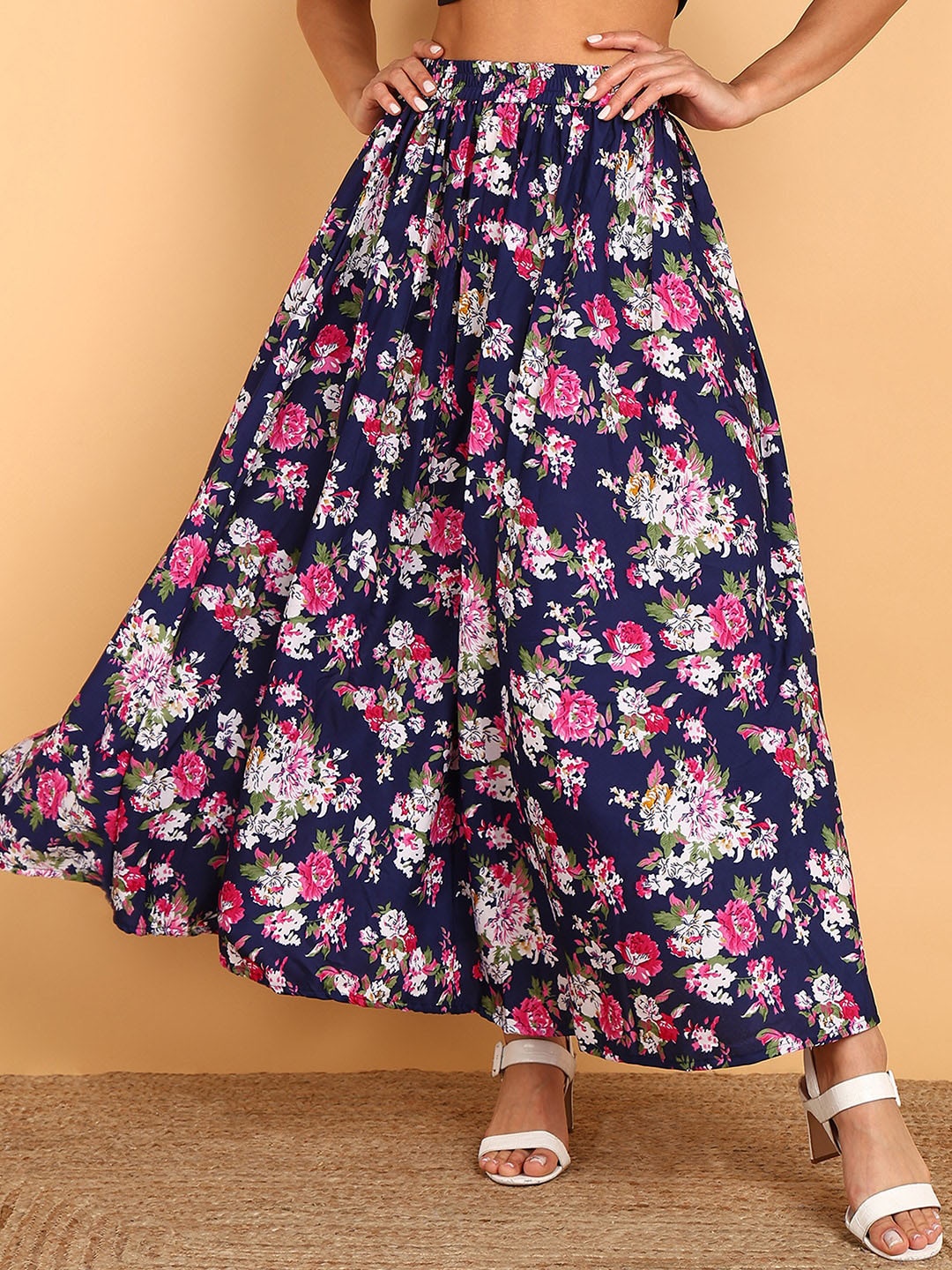 

VAHSON Floral Printed Flared Maxi Skirt, Blue