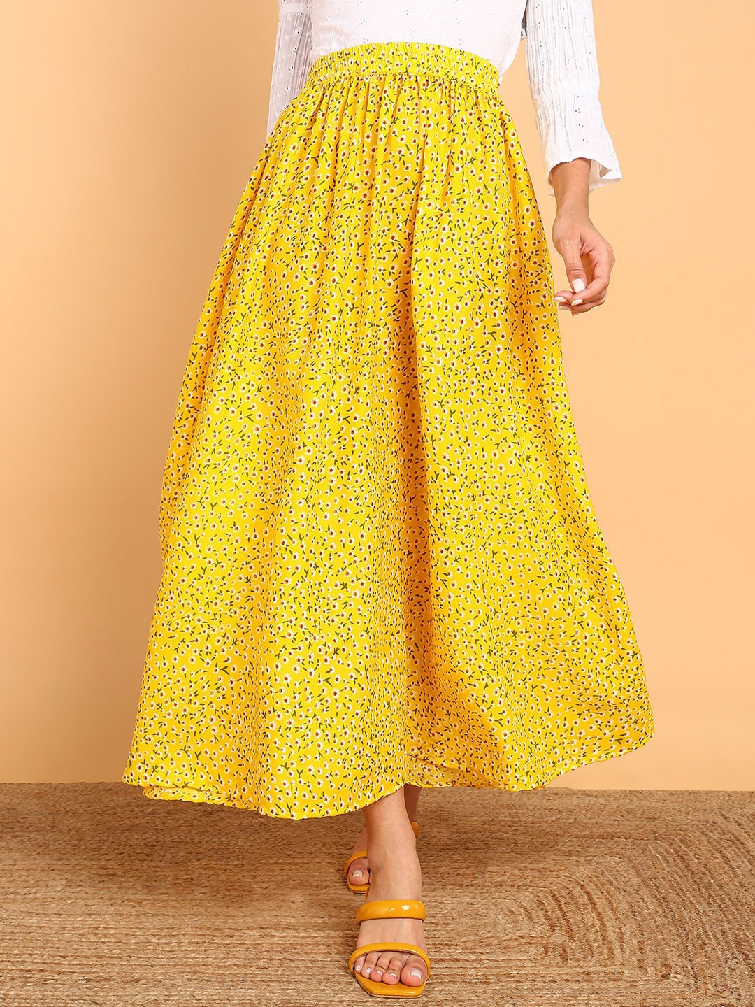 

VAHSON Floral Printed Flared Crepe Maxi Skirt, Yellow