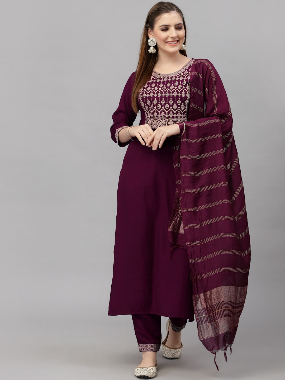 

KALINI Yoke Design Embroidered Regular Straight Kurta With Trousers & Dupatta, Maroon