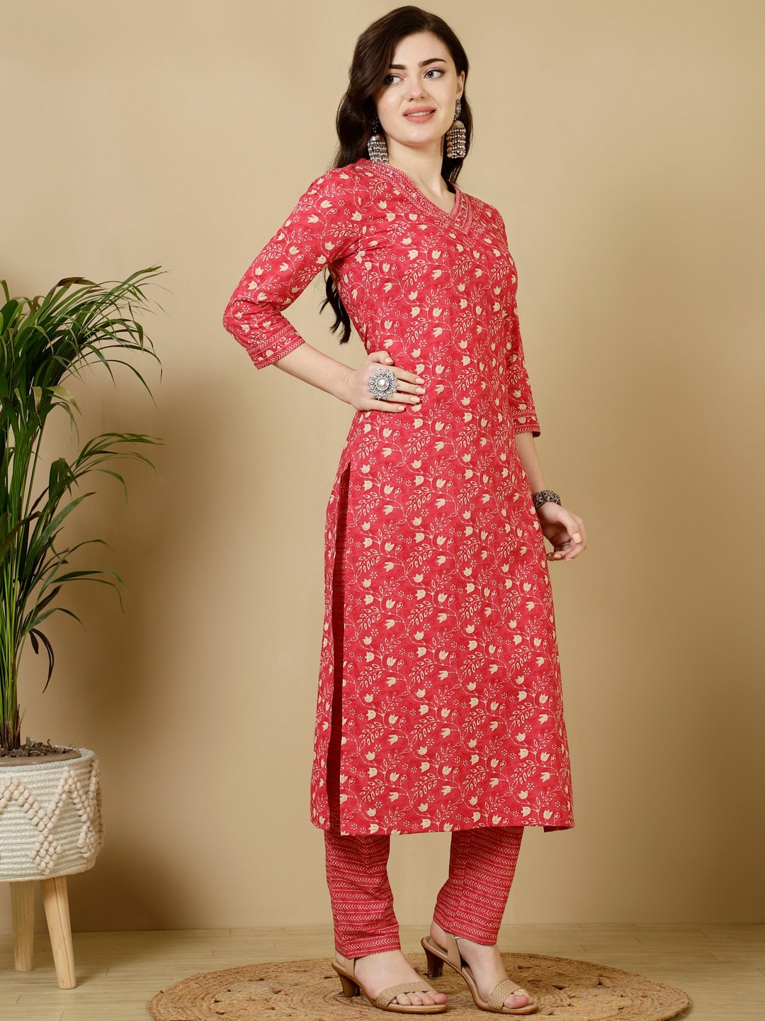 

KIMAYRA Floral Printed Regular Mirror Work Pure Cotton Kurta with Trousers, Red