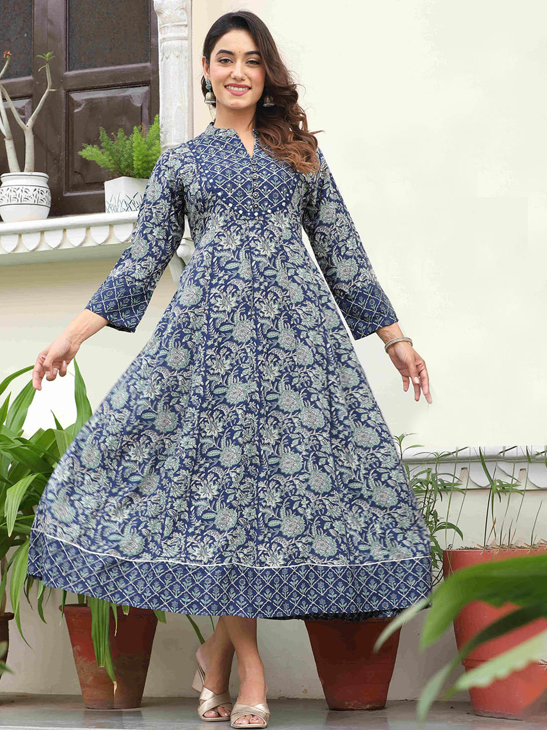 

KALINI Ethnic Motifs Printed Mandarin Collar Mirror Work Ethnic Dress, Blue