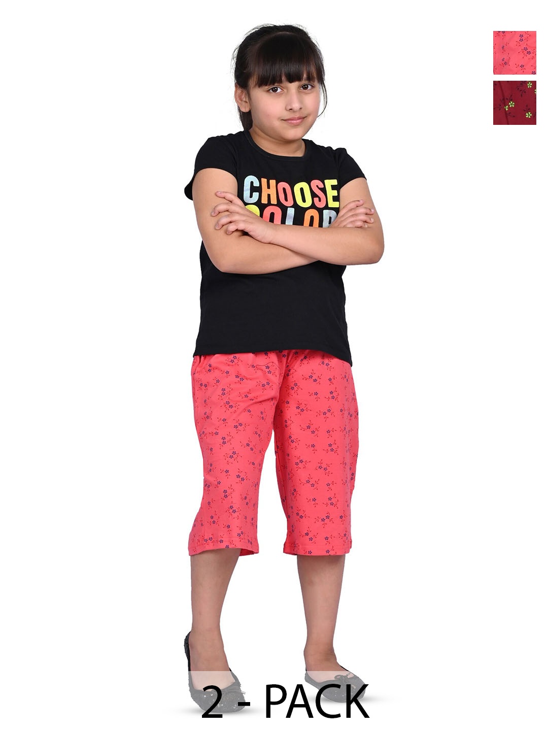 

BAESD Girls Pack Of 2 Printed Cotton Capris, Pink