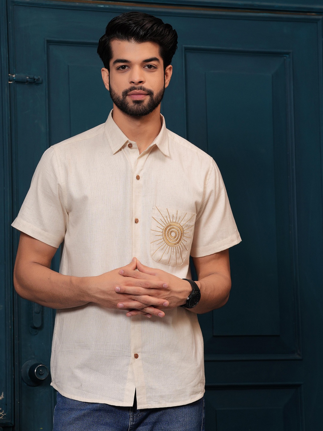 

Hatheli Straight Embroiderd Cotton Half Sleeves Casual Shirt, Beige