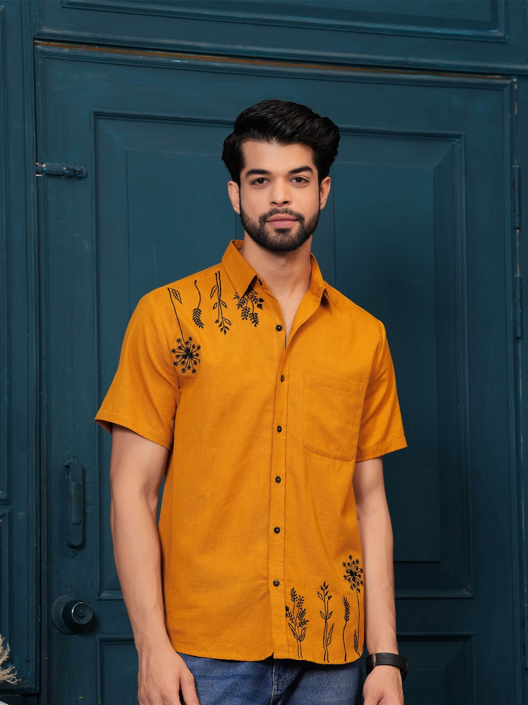 

Hatheli Straight Embroiderd Cotton Half Sleeves Casual Shirt, Mustard