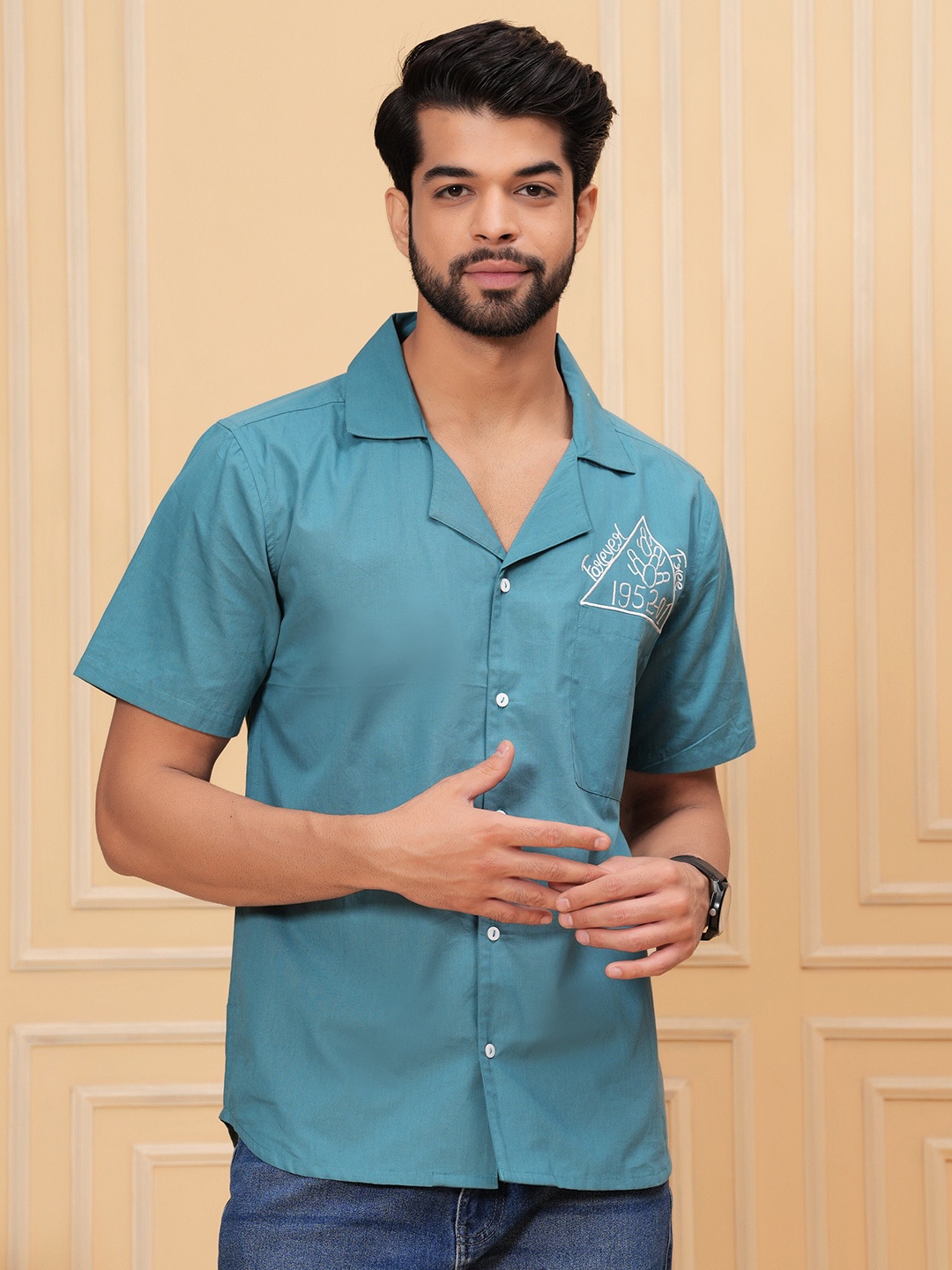 

Hatheli Straight Self Design Cuban Collar Cotton Casual Shirt, Blue