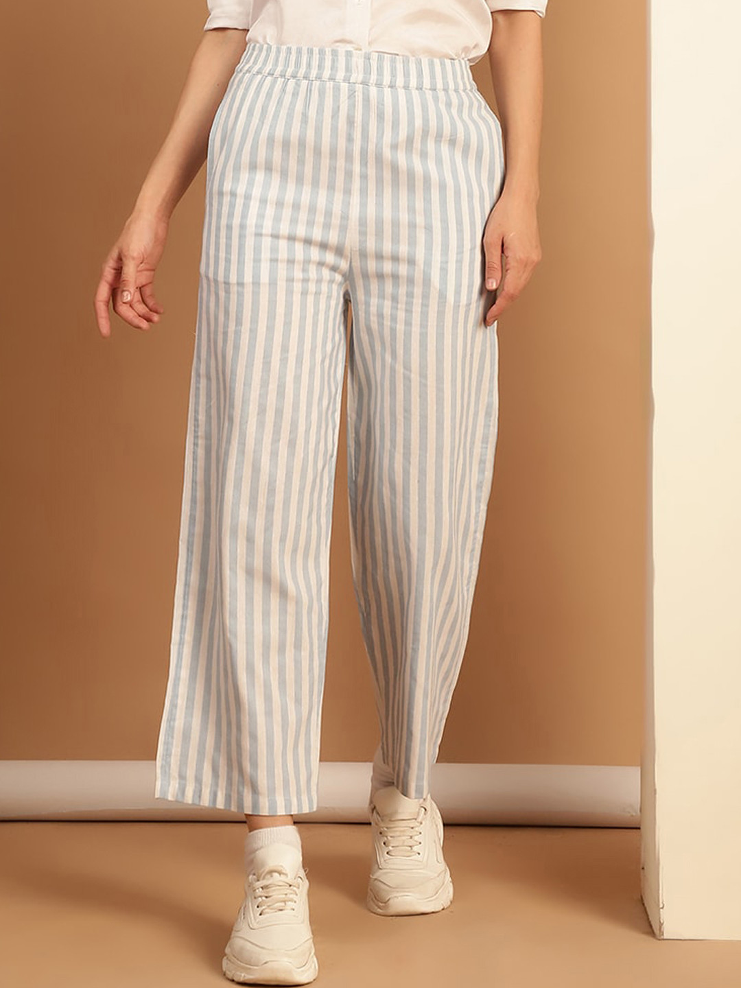 

NEUDIS Women Cotton Striped Parallel Trousers, Blue