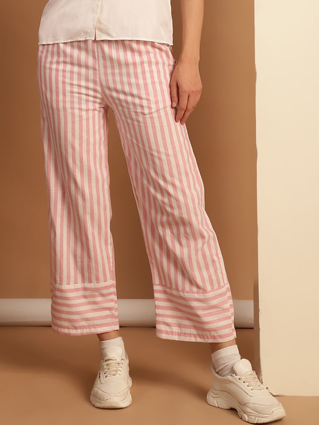 

NEUDIS Women Striped Cotton Mid-Rise Parallel Trousers, Pink