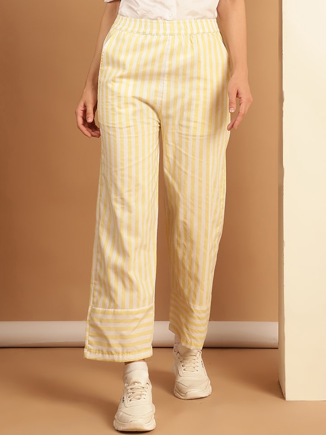 

NEUDIS Women Striped Cotton Mid-Rise Regular Fit Parallel Trousers, Yellow