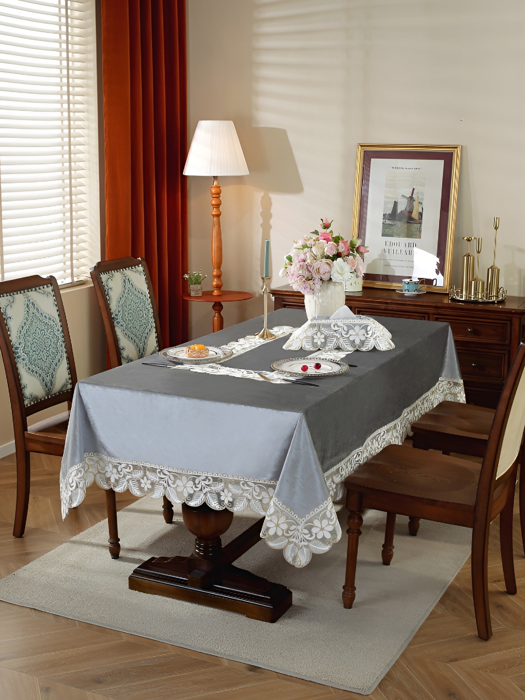 

TANLOOMS Grey Floral Anti-Skid 6-Seater Table Cover with Embroidered details