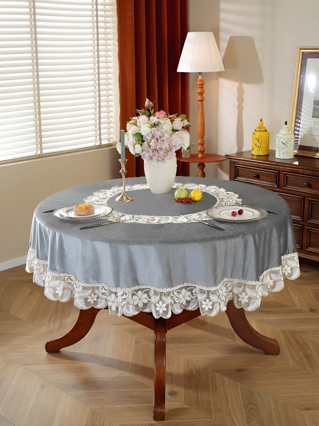 

TANLOOMS Grey Floral Anti-Skid Round 4-Seater Table Cover with Embroidered details