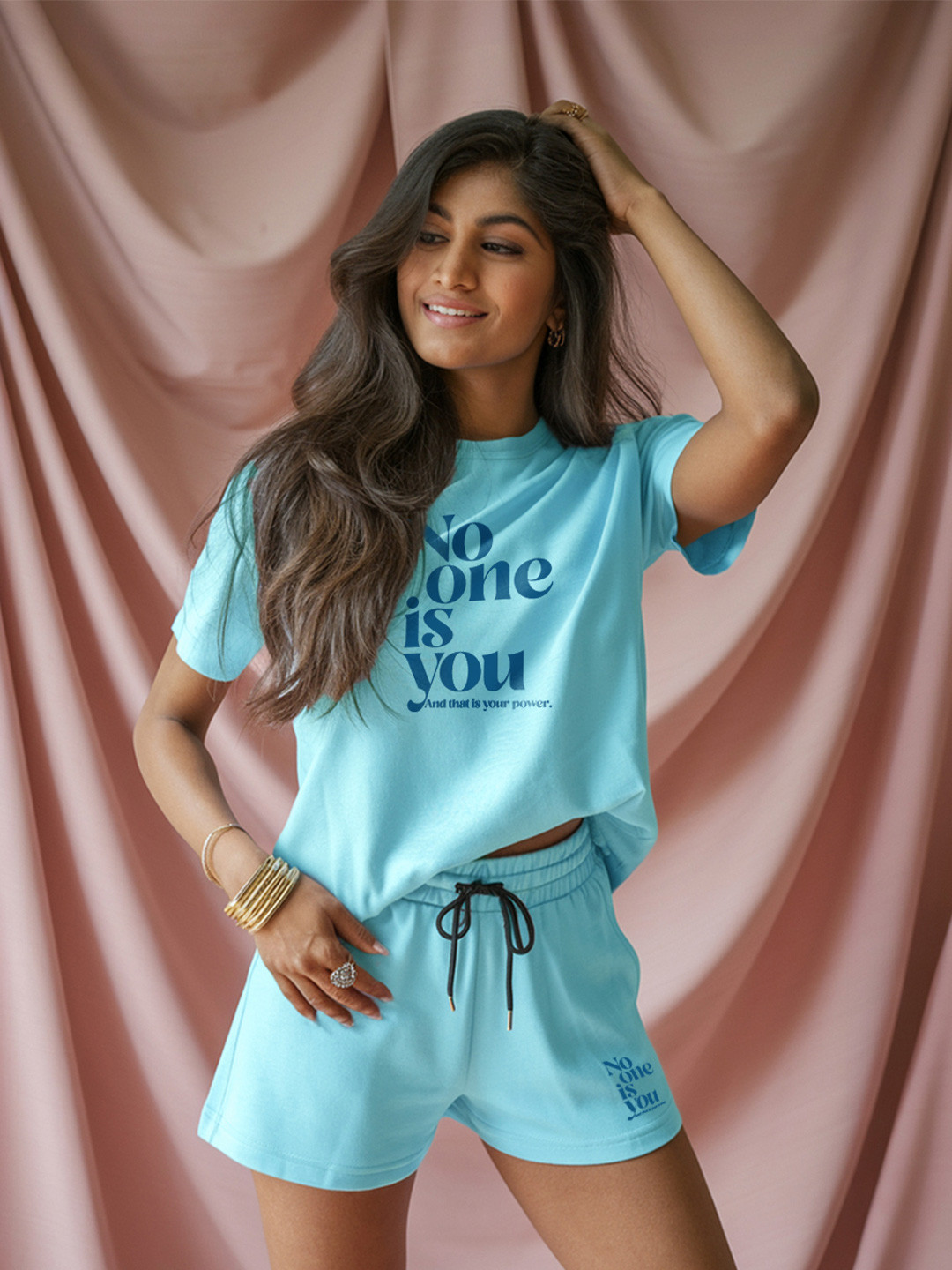 

FFLIRTYGO Printed T-Shirt With Short Co-Ords, Turquoise blue