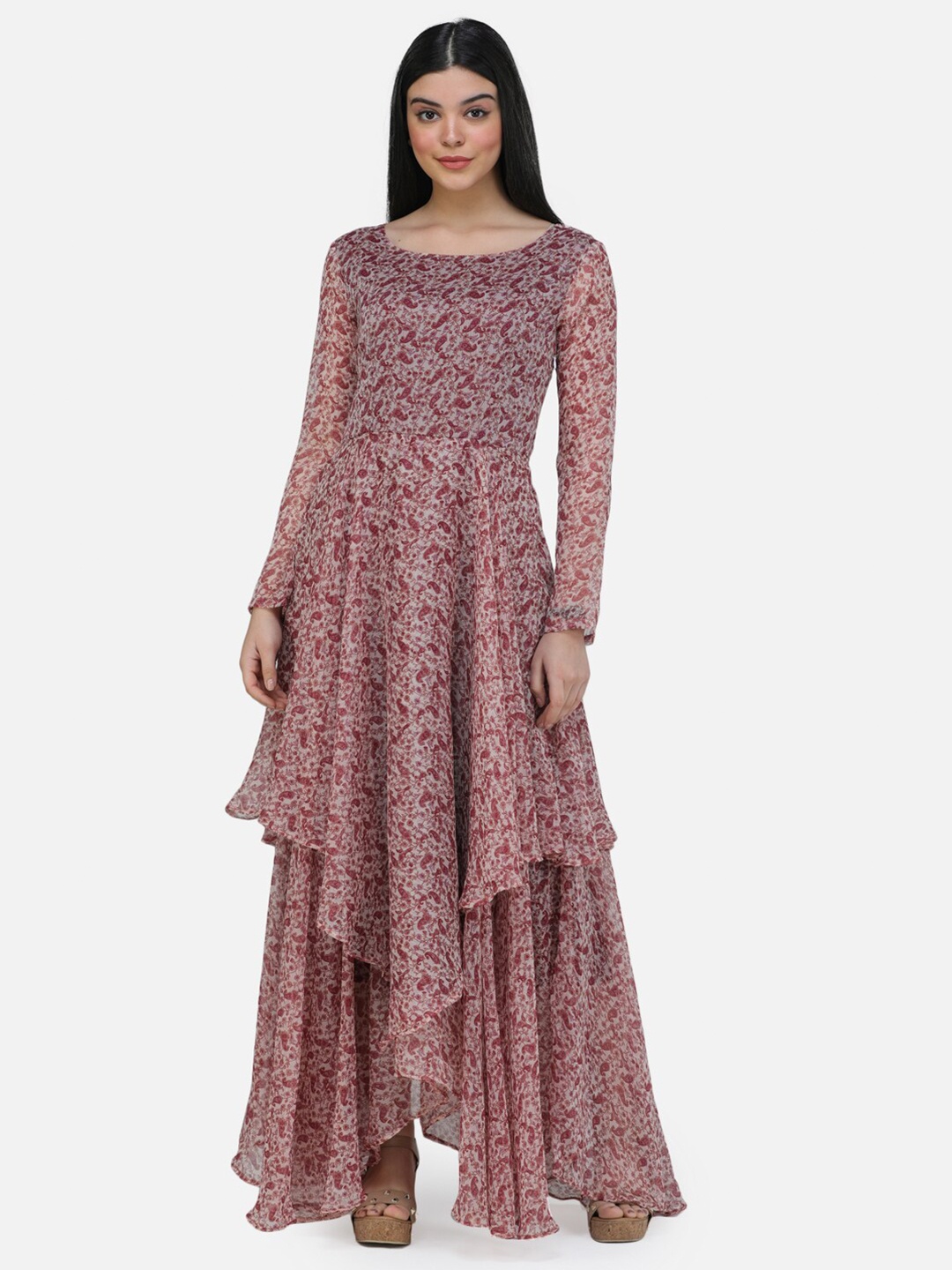 

Cation Maroon Round Neck Floral Printed Chiffon Maxi Dress