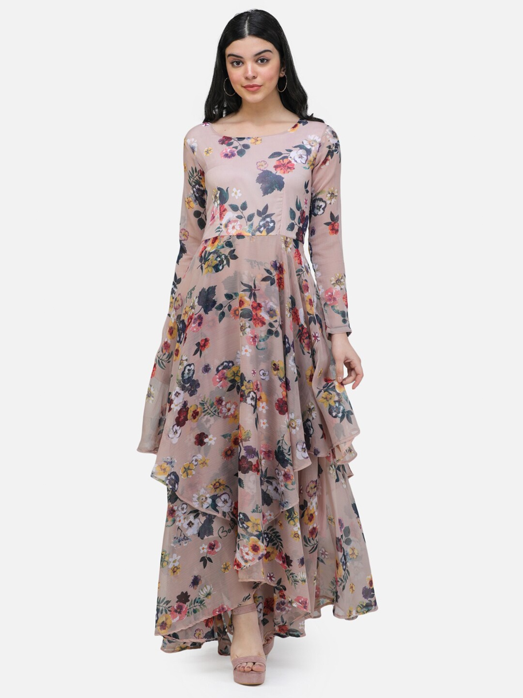 

Cation Beige Floral Printed Round Neck Chiffon Maxi Dress