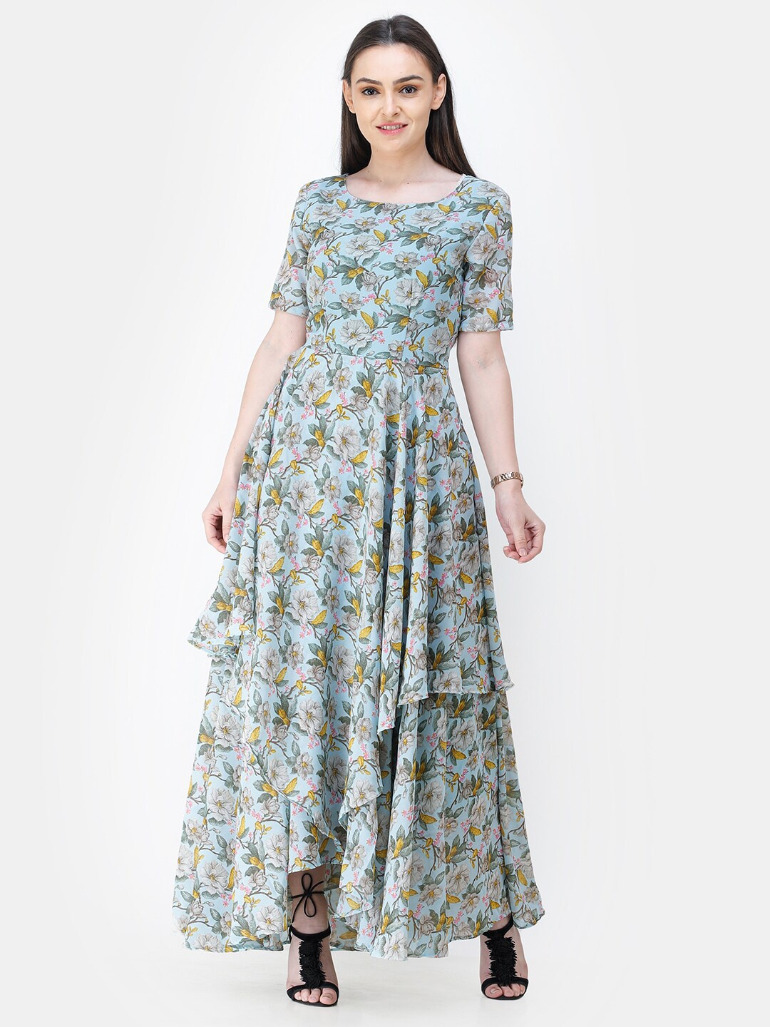 

Cation Blue Floral Print Round Neck Georgette Maxi Dress