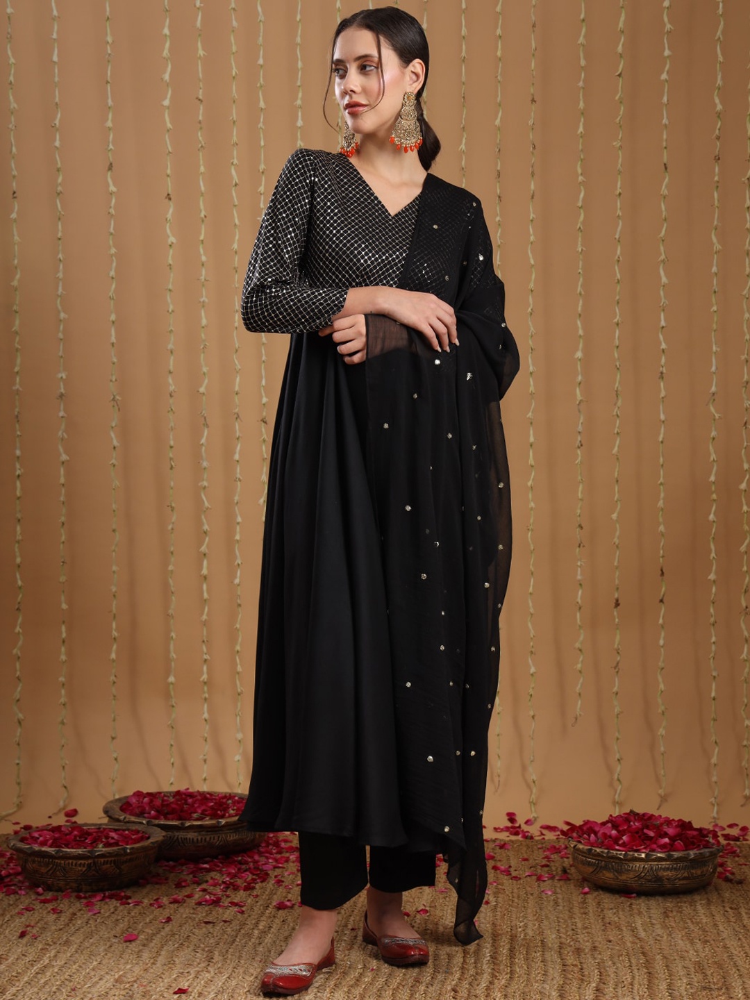 

KALINI Geometric Yoke Design Regular Sequinned Anarkali Kurta With Trousers & Dupatta, Black