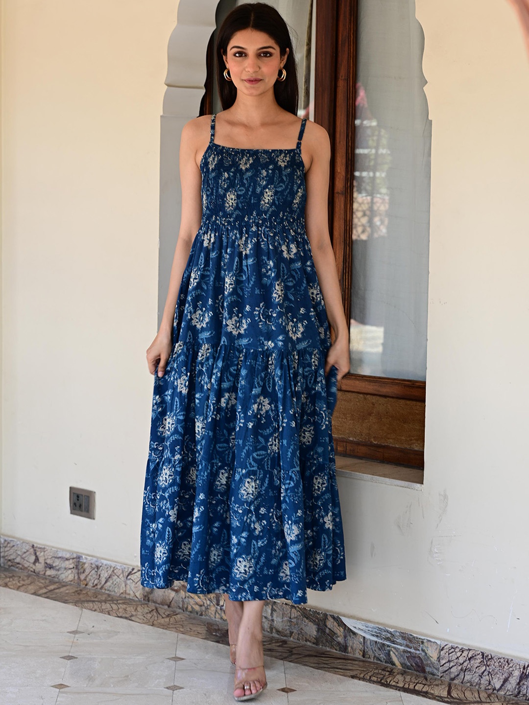 

VYKOO Floral Printed Shoulder Straps Tiered Cotton Fit & Flare Dress, Blue