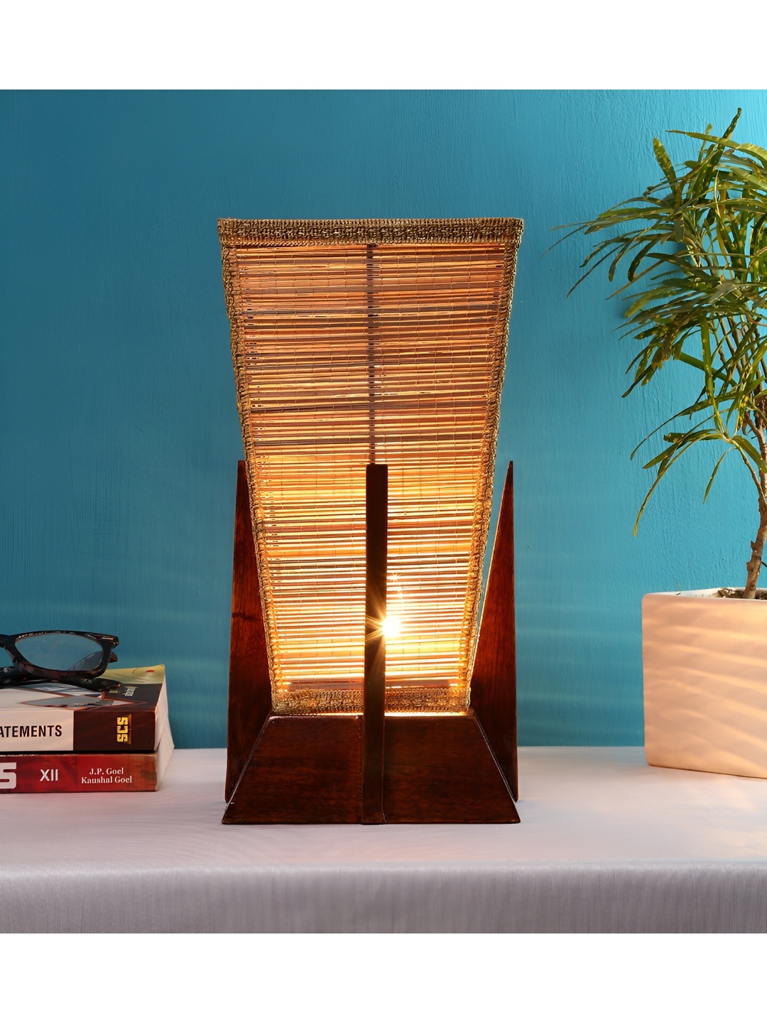 

Devansh Beige Wooden Textured Contemporary Triangle Shaped Table Lamp