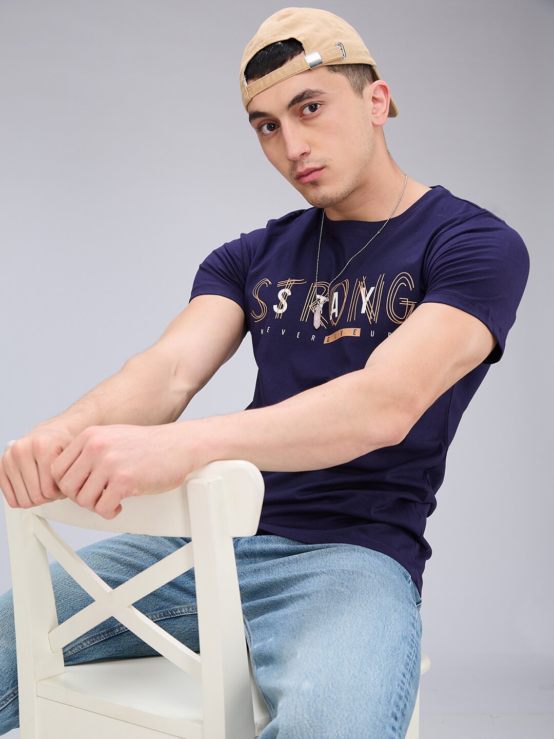 

NOIRA Typography Printed Cotton T-shirt, Navy blue