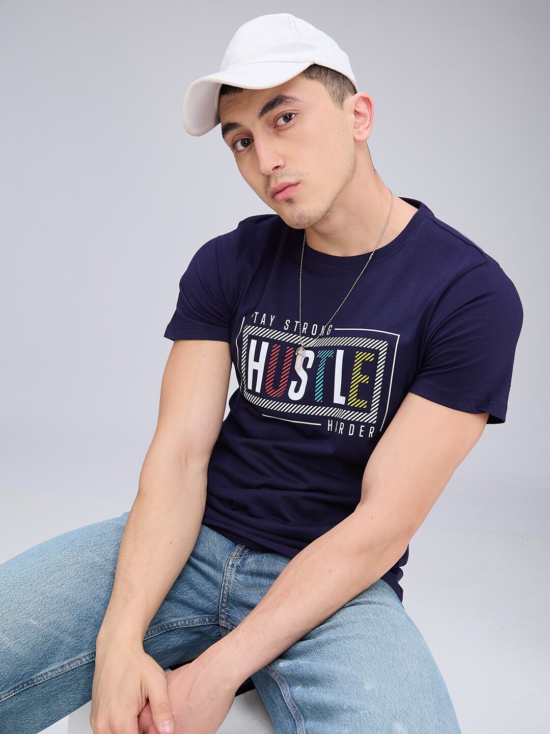 

NOIRA Typography Printed Cotton T-shirt, Navy blue