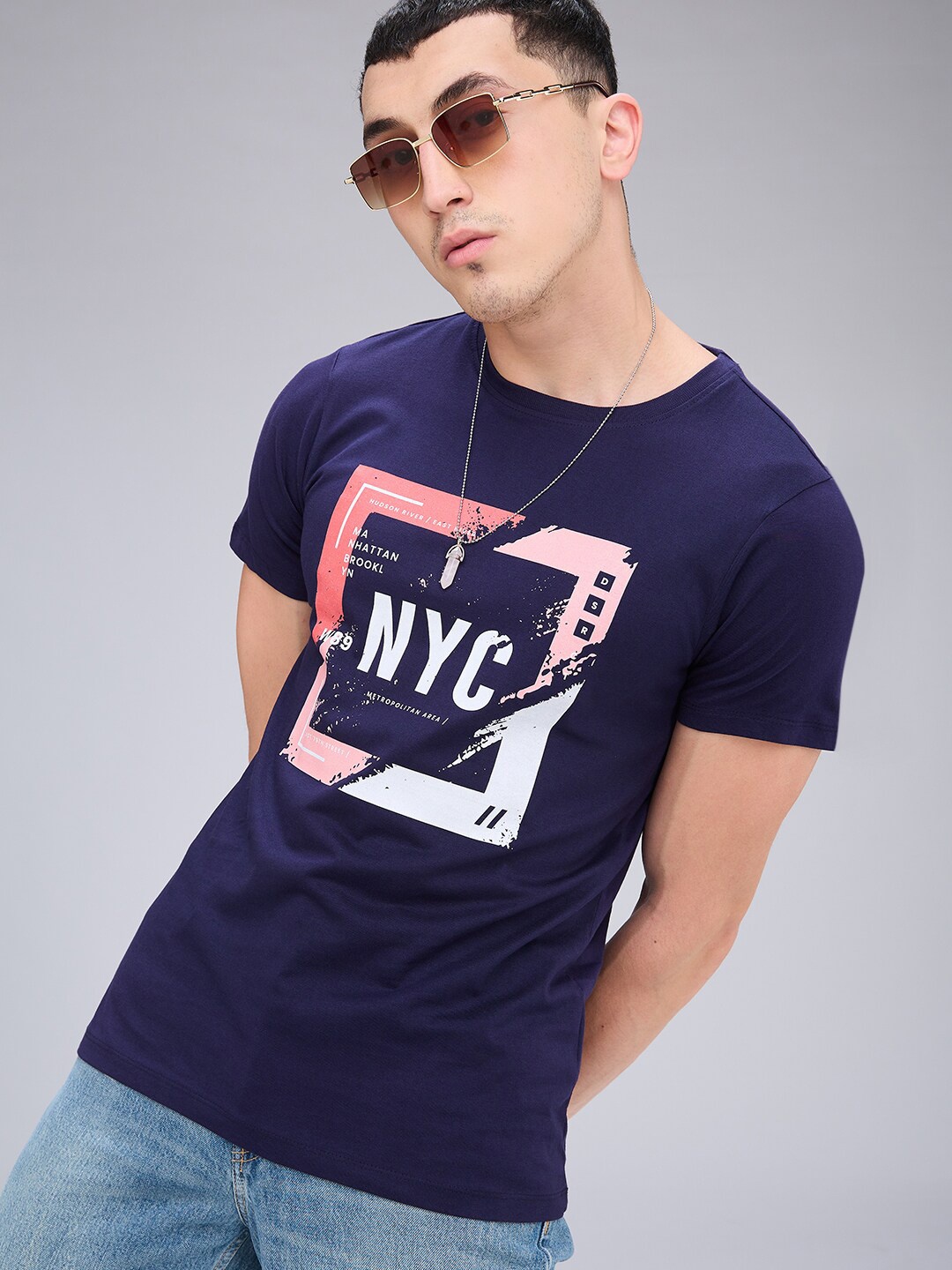 NOIRA Typography Printed Round Neck Short Sleeves Cotton Casual T-shirt, Navy blue