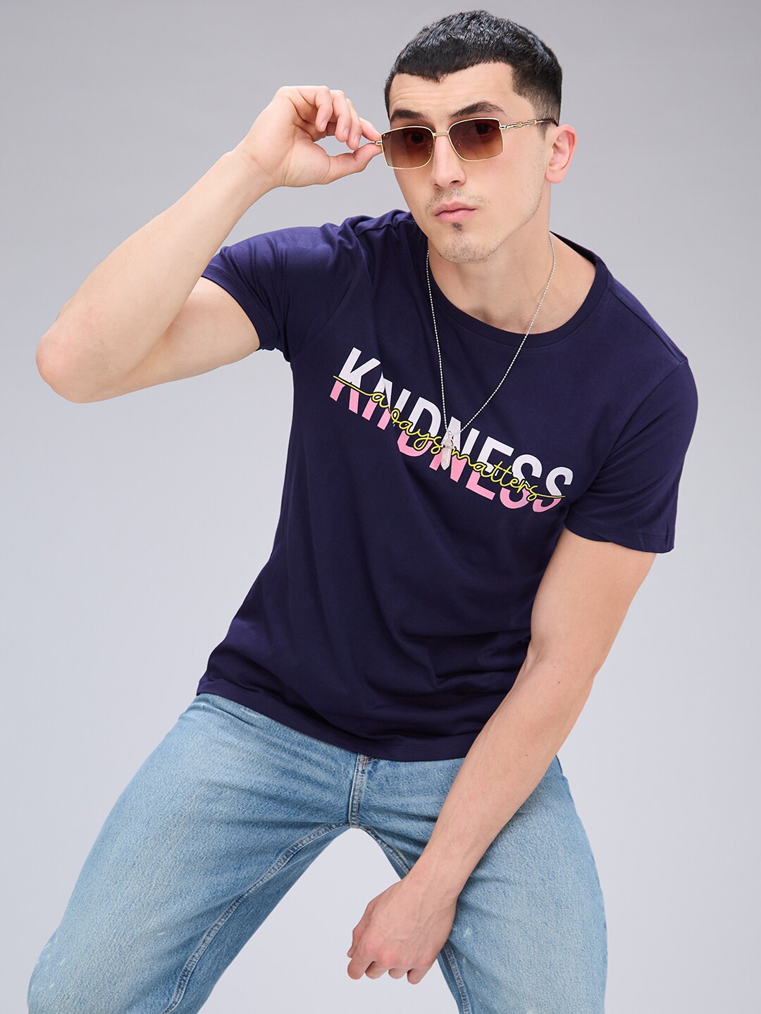 

NOIRA Typography Printed Cotton T-shirt, Navy blue