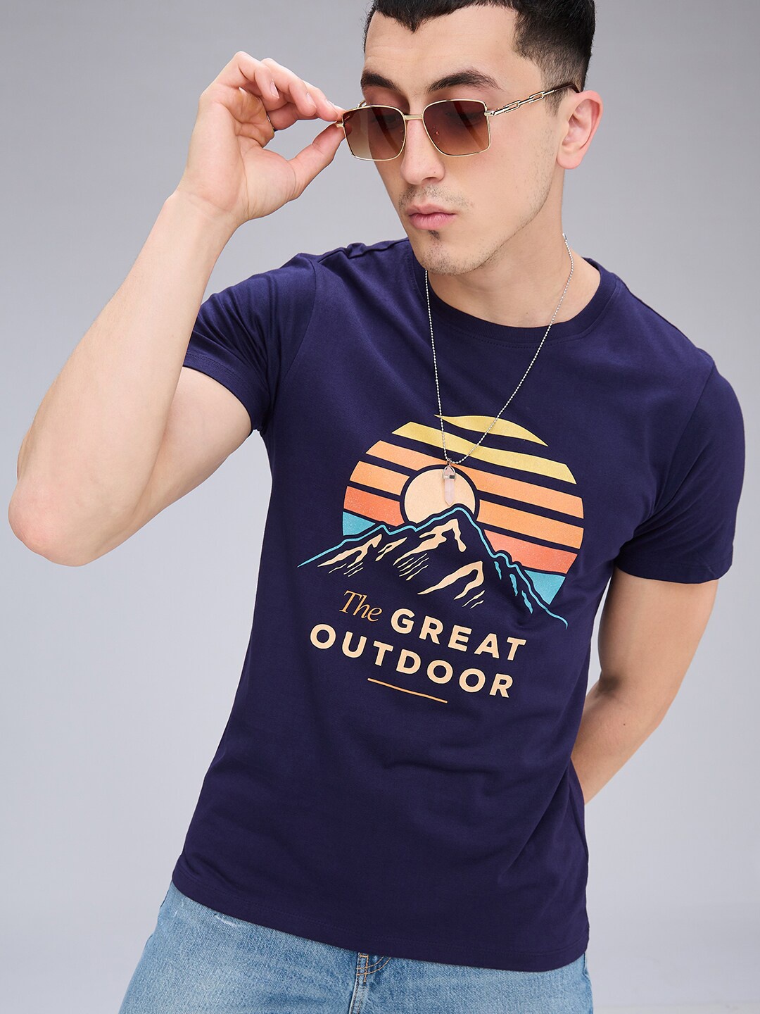 

NOIRA Typography Printed Cotton T-shirt, Navy blue